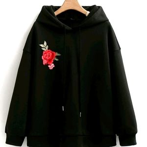 Plus Embroidery Appliques Drop Shoulder Drawstring Thermal Hoodie, Black, 12